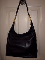 St John "Hobo" Style Black Soft Leather w/Signature Gold Hardware Handbag Purse