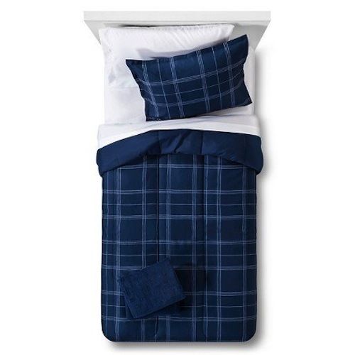 Room Essentials TWIN / XL Navy Plaid 7 Piece Bedding Set Including Towels - NEW