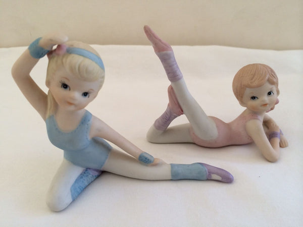 HOMCO "Two Girl Ballerinas Doing A Stretching Workout" Porcelain Figurines #1406